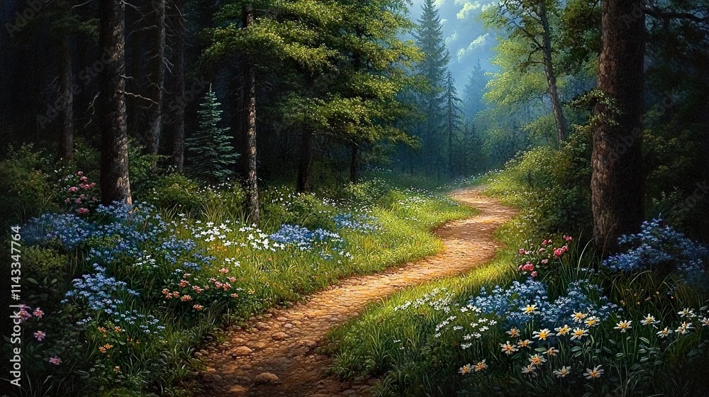 Obraz premium Forest Path: A Serene Journey Through Blooming Meadows