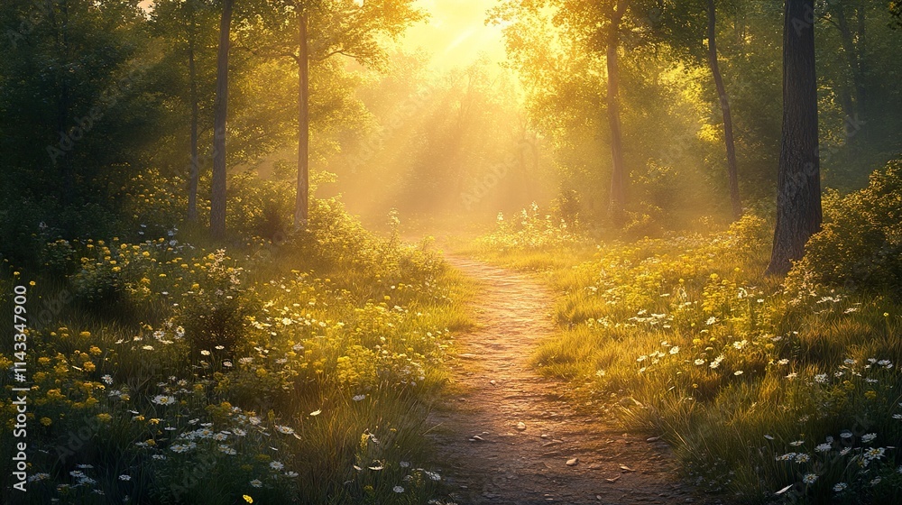 Sunlit Path Through a Flowery Forest