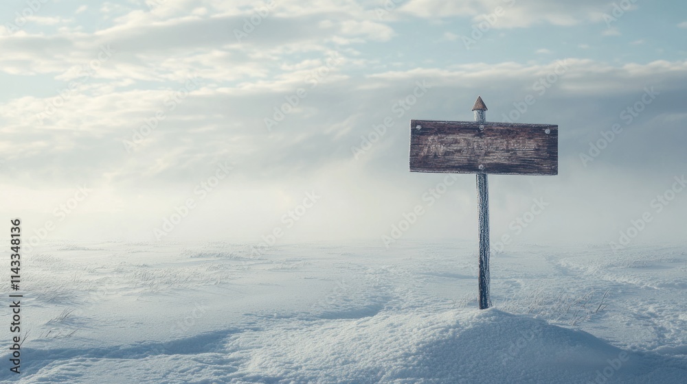 Naklejka premium A snow-covered landscape featuring a wooden signpost in a misty, winter environment.