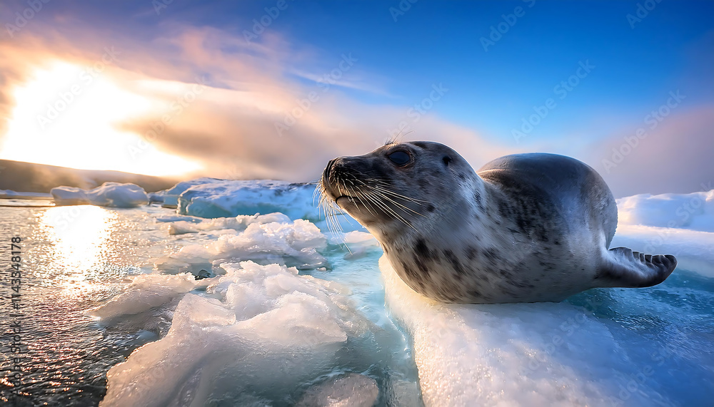 Obraz premium Seal Awakens and Slides Off Icy Bed