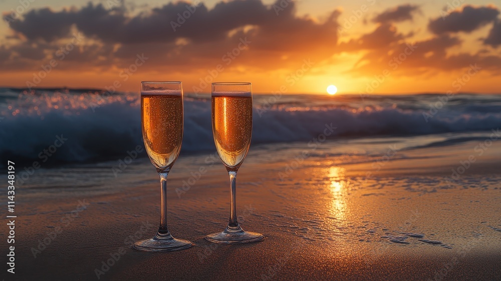 Two champagne flutes stand on a sandy beach with the setting sun casting a golden glow over the ocean waves. Two champagne flutes stand on a sandy beach with the setting sun casting a golden glow over the ocean waves.