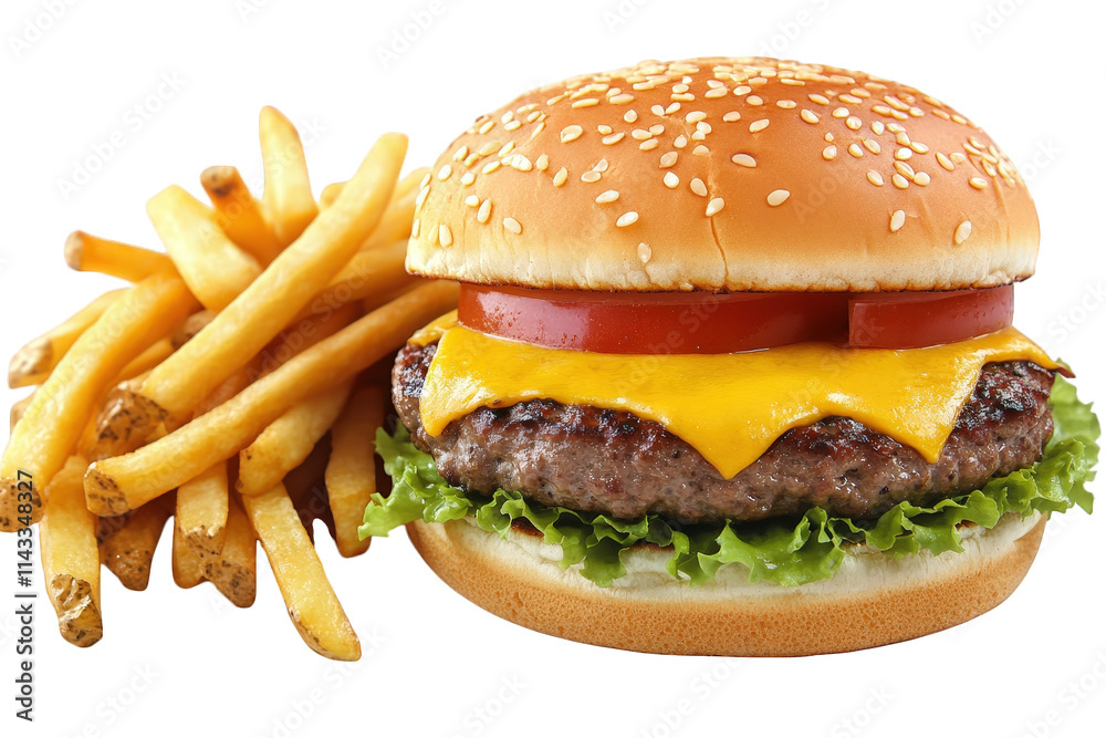 a classic cheeseburger with a side of golden-brown french fries the burger is made with a juicy beef patty. melted cheese. crisp lettuce. and a fresh tomato slice. all served on a soft sesame seed bun a classic cheeseburger with a side of golden-brown french fries the burger is made with a juicy beef patty. melted cheese. crisp lettuce. and a fresh tomato slice. all served on a soft sesame seed bun