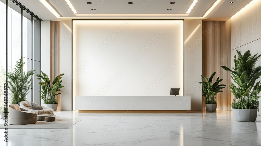 Comfortable office lobby interior with blank white wall. hyper realistic Comfortable office lobby interior with blank white wall. hyper realistic