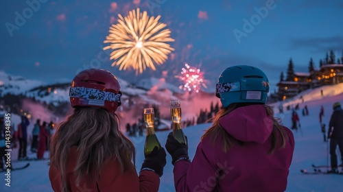 Women Celebrate New Years Eve With Fireworks In The Mountains