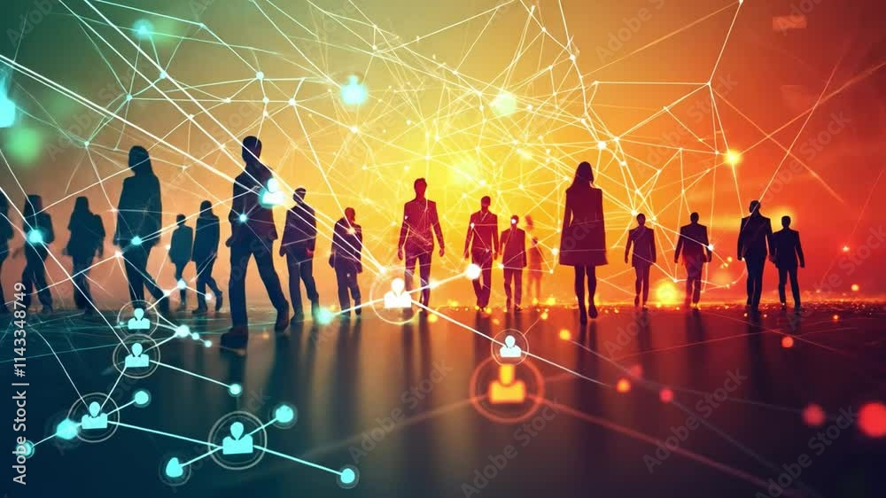 Connected and Empowered: A powerful silhouette image depicting a diverse group of individuals, all connected by a network of glowing lines symbolizing unity, communication and global collaboration.  