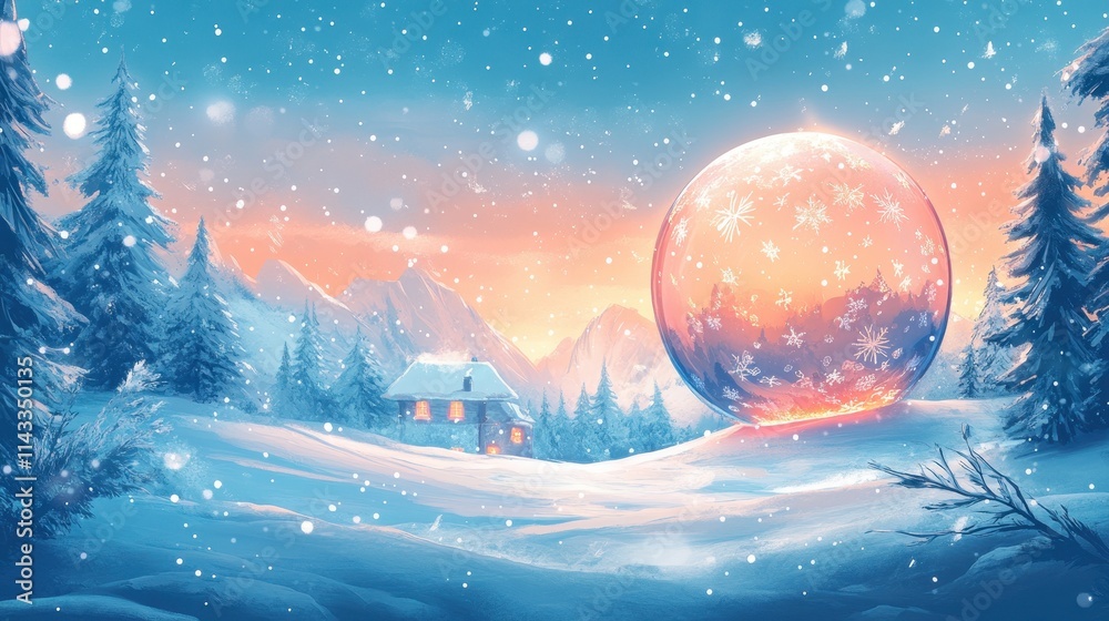 Fototapeta premium Illustration of large chrismas ball with winter landscape.
