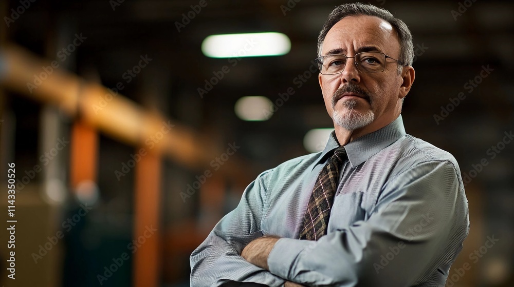 Obraz premium Portrait of a confident mature facility manager man wearing glasses and a formal business attire in a modern workspace