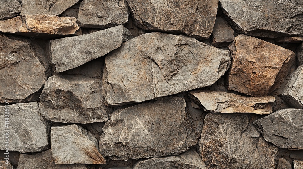 Fototapeta premium A textured stone wall featuring various sizes and colors of rocks arranged closely together, creating a rustic and natural appearance.