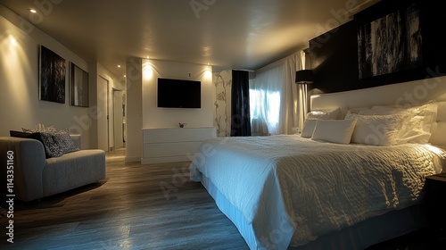 minimalistic stylish interior of luxury apartment with white stylish bedroom and dark living room