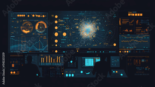 A modern earthquake detection control panel displaying real time data from a network of seismic sensors. Seismic. Illustration