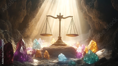 Golden Scales of Justice Among Sparkling Crystals in a Cave photo