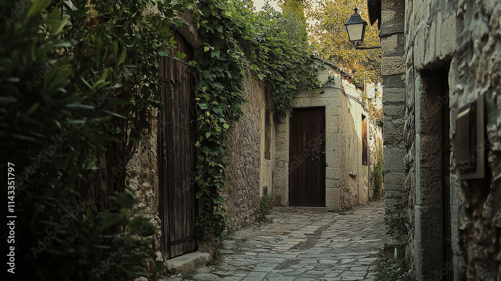 A serene alley in a Mediterranean village, bordered by stone walls adorned with climbing plants and featuring rustic wooden doors, evoking charm and tranquility. A serene alley in a Mediterranean village, bordered by stone walls adorned with climbing plants and featuring rustic wooden doors, evoking charm and tranquility.