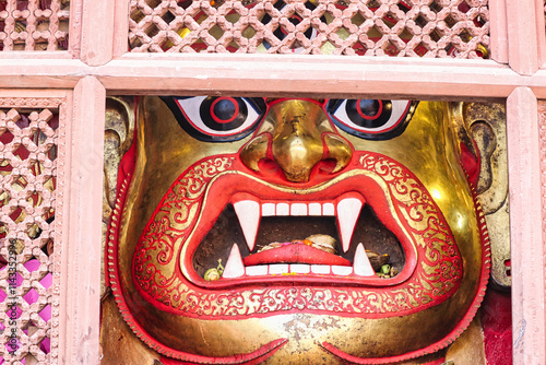 Close up of a Lion protector statue at the Akash Bhairab temple on Indra Chowk, near Kathmandu's durbar square,NepalKathmandu's durbar square,Nepal  photo