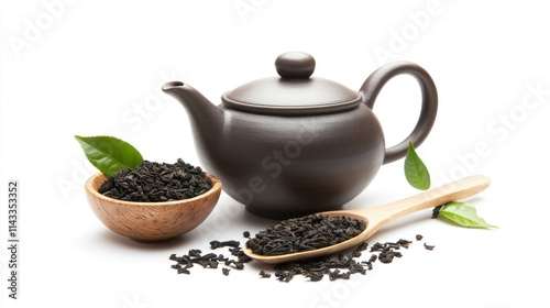 A teapot with black tea leaves, a bowl of tea leaves, and fresh leaves for brewing.