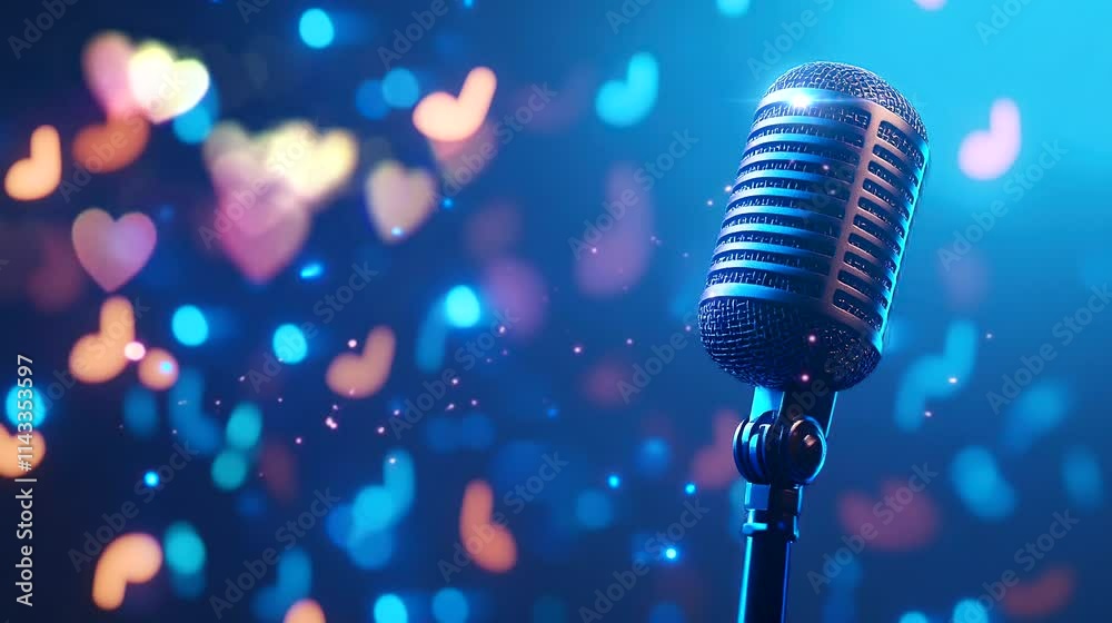 Vintage Microphone with Floating Musical Notes and Heart Lights. Seamless loop video background