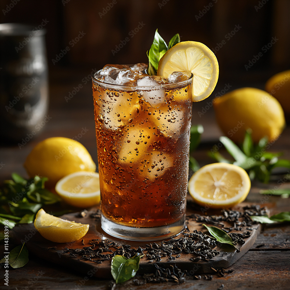Iced tea in a frosted glass surrounded by fre Iced tea in a frosted glass surrounded by fre