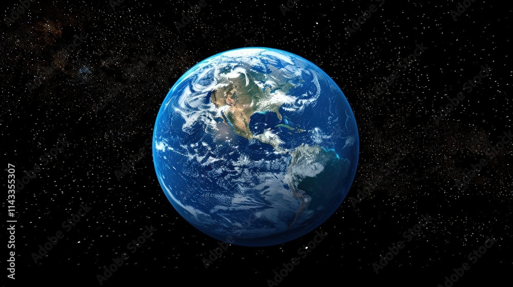 Earth from space, showing continents, clouds, and stars. Earth from space, showing continents, clouds, and stars.