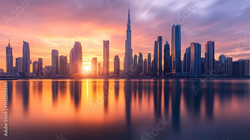 Dubai Skyline Sunset Cityscape Reflection Beauty