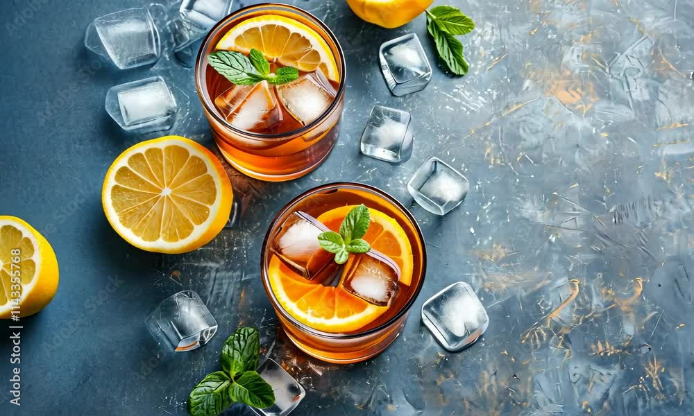 Two glasses of iced tea with lemon slices and mint leaves on textured blue background, space for text