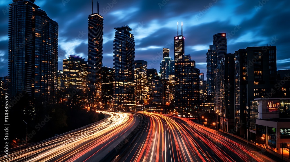Obraz premium Chicago Cityscape at Night with Light Trails. Concept of Urban Life, Modernity, and Fast Paced City.