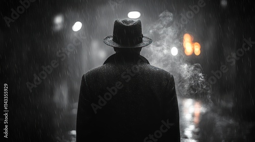 Mysterious gangster detective in a rain-soaked urban street at night wearing a fedora and overcoat with a cigar in dramatic film noir style photo