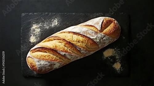 Top view of fresh bread on a blackboard, perfect for bakery ads, food blogs, or rustic culinary themes. photo