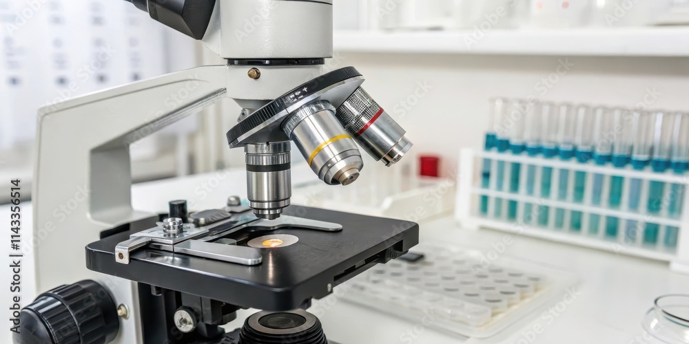 Close-up shot of microscope with metal lens at laboratory , microscope, metal lens, laboratory, research Close-up shot of microscope with metal lens at laboratory , microscope, metal lens, laboratory, research