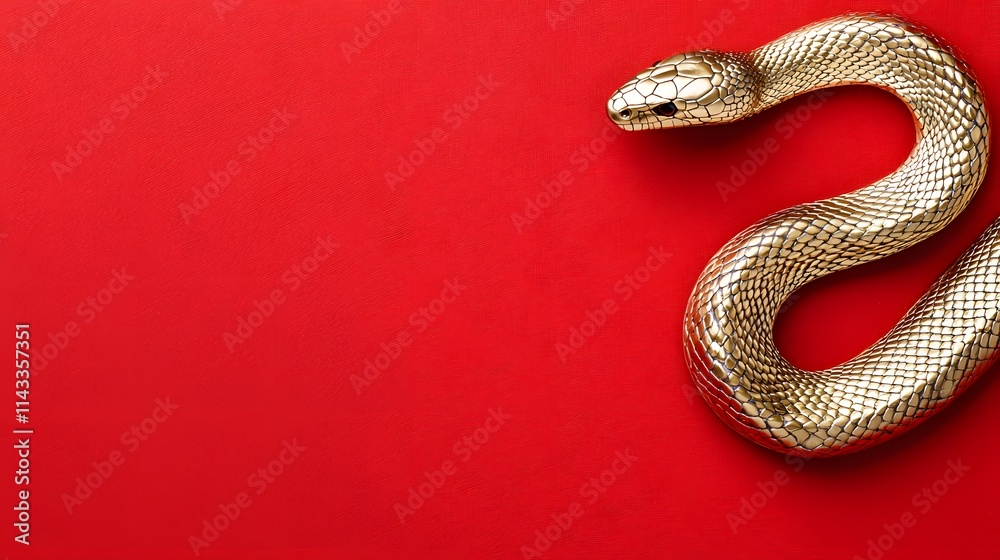 Obraz premium Elegant Golden Snake Ornament Set Against a Vibrant Red Background for Cultural Display Purposes. Chinese New Year Symbol Concept