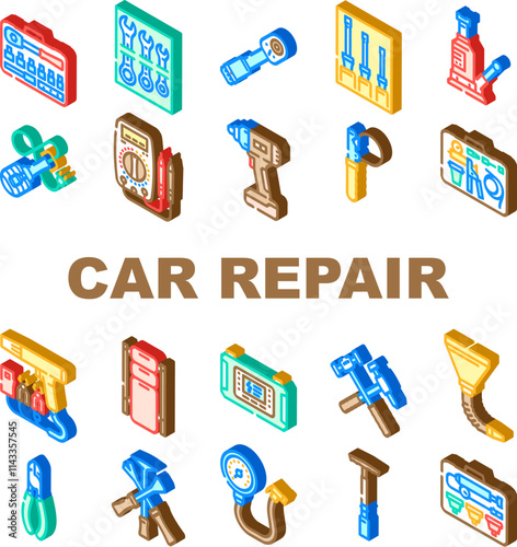 car repair tools icons set vector. wrench socket, ratchet pliers, jack, lift screwdriver, multimeter, compressor torque car repair tools isometric sign illustrations