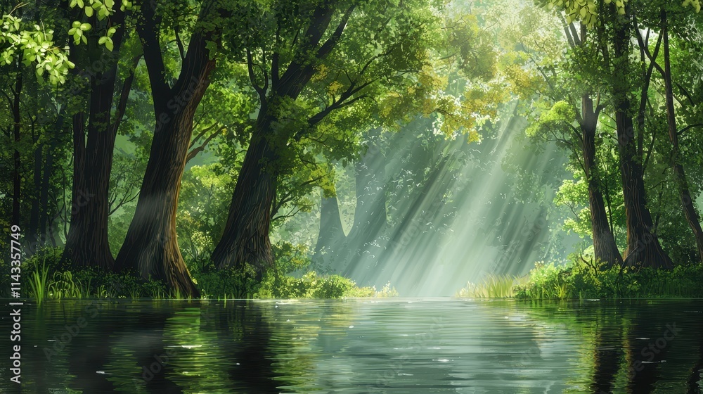 Serene Forest Landscape with Trees and Reflective Water Under Gentle Sunlight Serene Forest Landscape with Trees and Reflective Water Under Gentle Sunlight