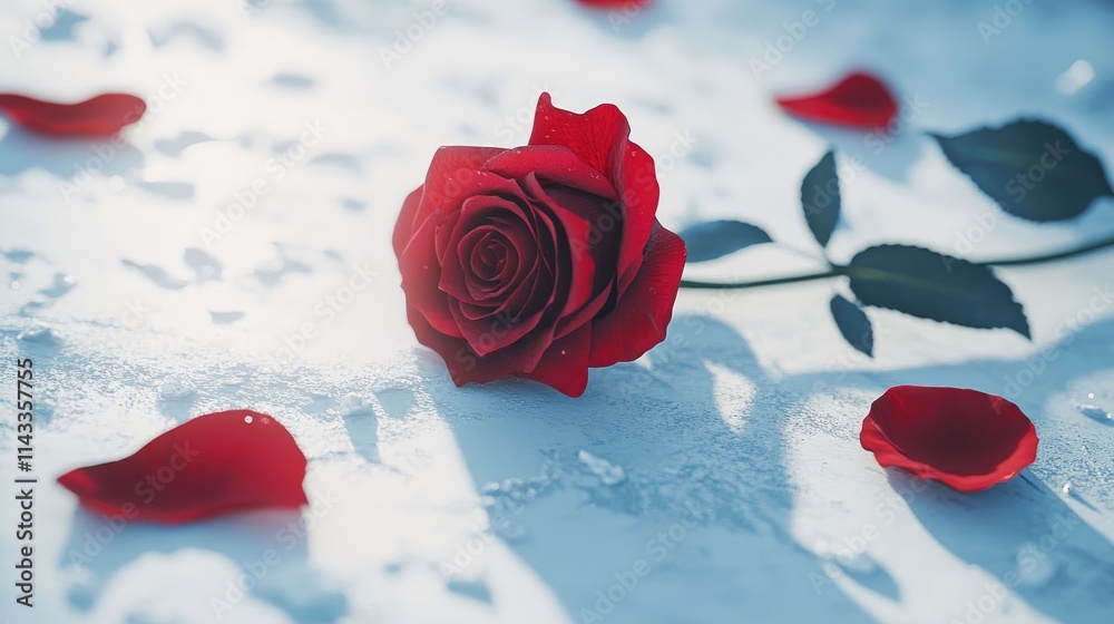 Elegant Red Rose on Surface with Petals and Soft Light Background Elegant Red Rose on Surface with Petals and Soft Light Background