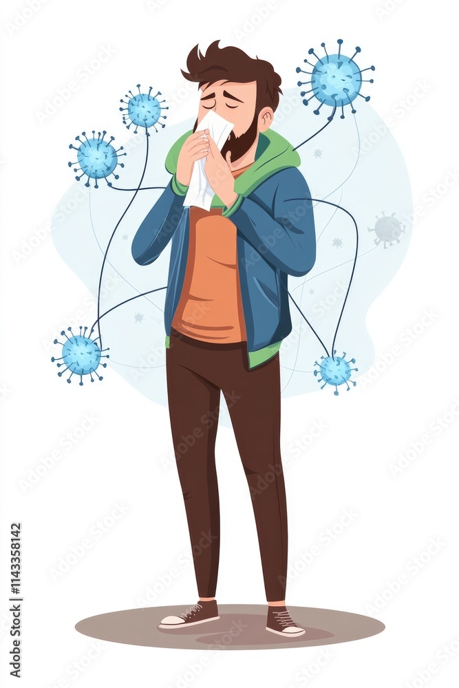 Cold symptoms display: sick individual, tissue use, virus prevention, protective mask, sneezing action, illness indication, respiratory care, germ spread, personal hygiene focus, seasonal ailment. Cold symptoms display: sick individual, tissue use, virus prevention, protective mask, sneezing action, illness indication, respiratory care, germ spread, personal hygiene focus, seasonal ailment.