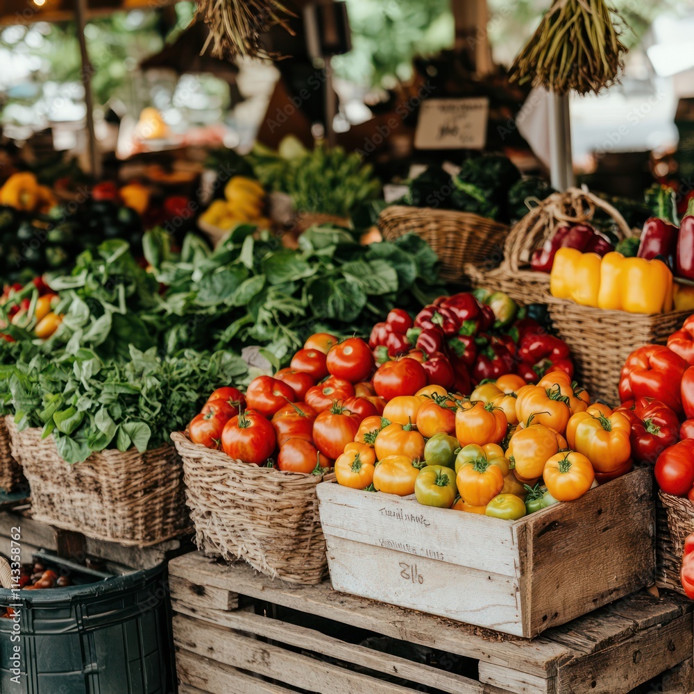 A busy farmer's market stall displays fresh fruit. A busy farmer's market stall displays fresh fruit.