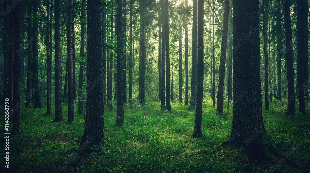 Obraz premium Lush Dense Forest with Sunlight Filtering Through Trees in a Vibrant Natural Environment