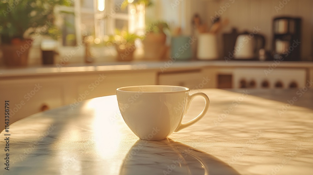 Fototapeta premium Warm Morning Light Illuminates a White Coffee Cup on a Table