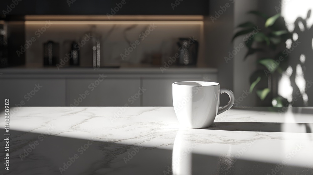 White Coffee Mug on Marble Counter in Modern Kitchen Interior White Coffee Mug on Marble Counter in Modern Kitchen Interior