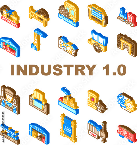 industry 1 industrialization icons set vector. mechanization steam, factories textiles, innovation, production machinery industry 1 industrialization isometric sign illustrations