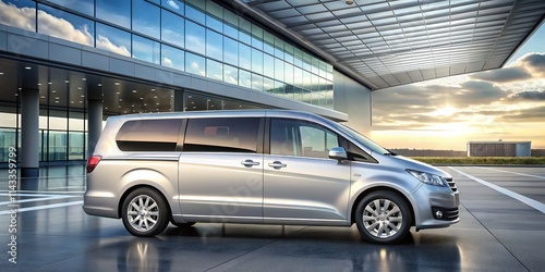 Airport Silver Minivan Side View, Passenger Waiting, Copy Space