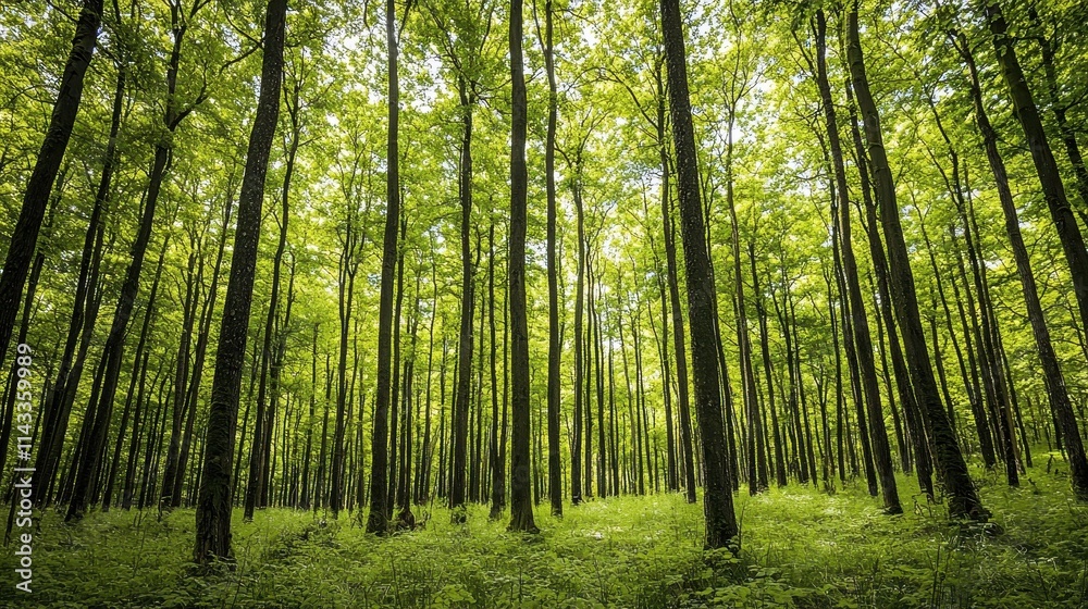 Lush Green Forest Landscape with Tall Trees and Natural Light Evaporating Through Canopy Lush Green Forest Landscape with Tall Trees and Natural Light Evaporating Through Canopy