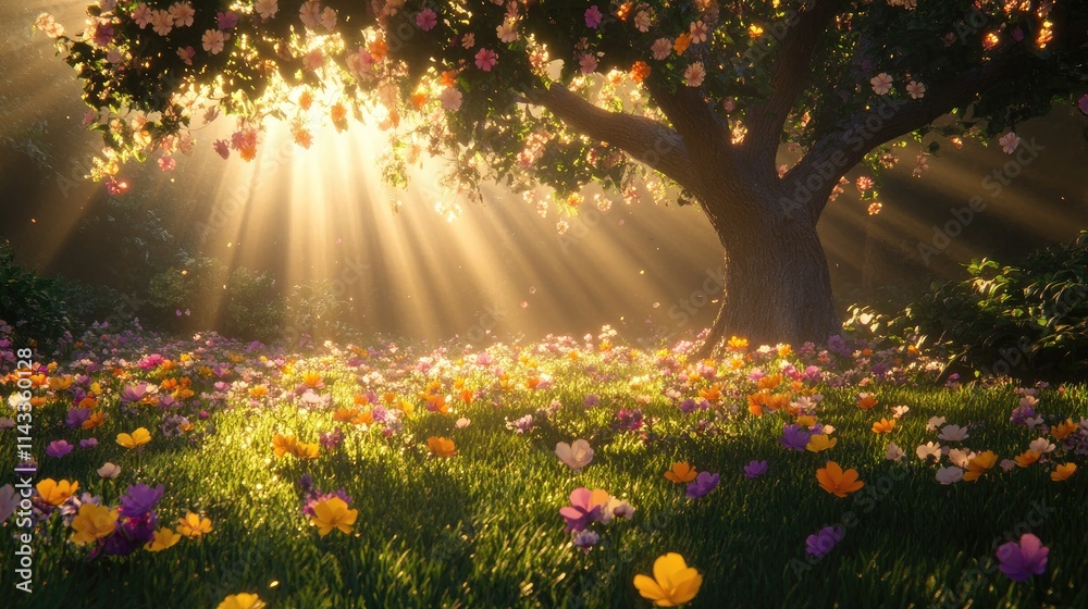 Obraz premium Beautiful Flower Garden with Sun Rays Through a Blossoming Tree