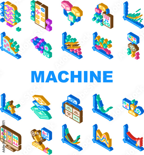 machine learning algorithm model icons set vector. data training, supervised unsupervised, neural deep, learning, regression machine learning algorithm model isometric sign illustrations