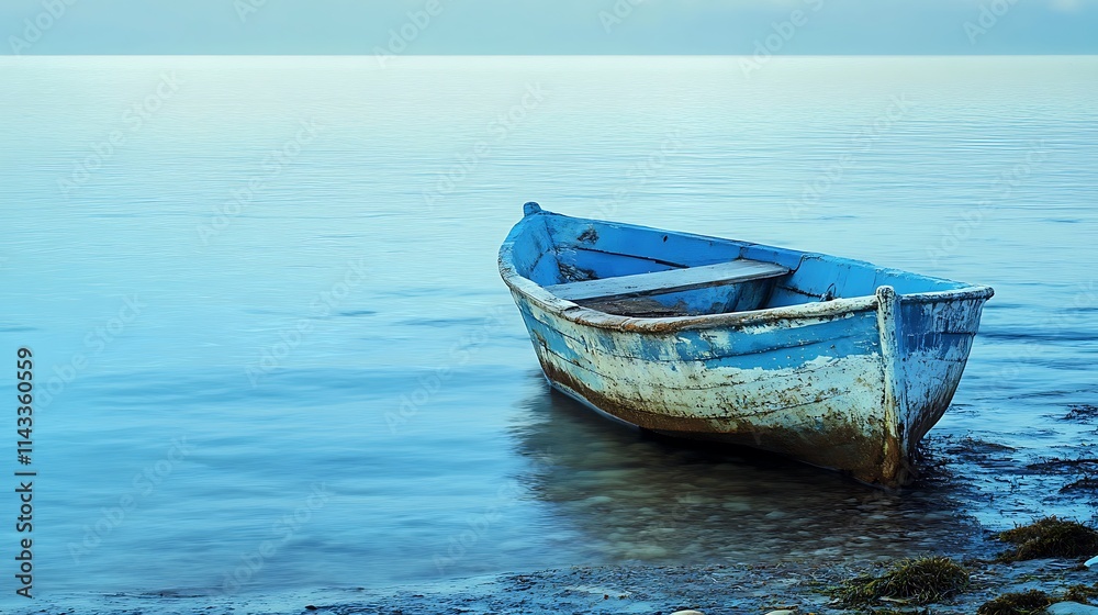 Lonely blue wooden boat on tranquil water. Concept of solitude, peace, and tranquility. Lonely blue wooden boat on tranquil water. Concept of solitude, peace, and tranquility.