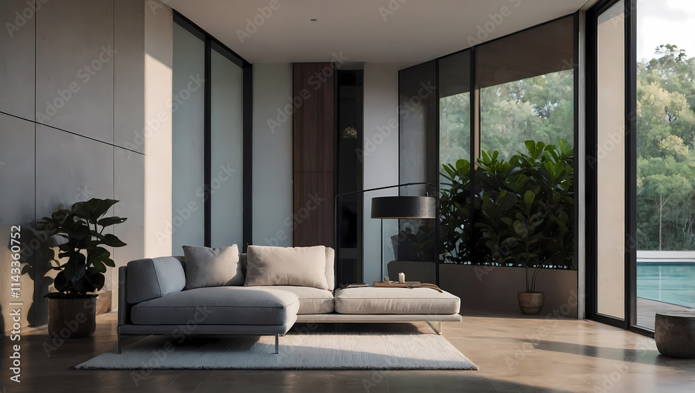Fototapeta premium Modern Living Room Interior with Sectional Sofa and Large Windows