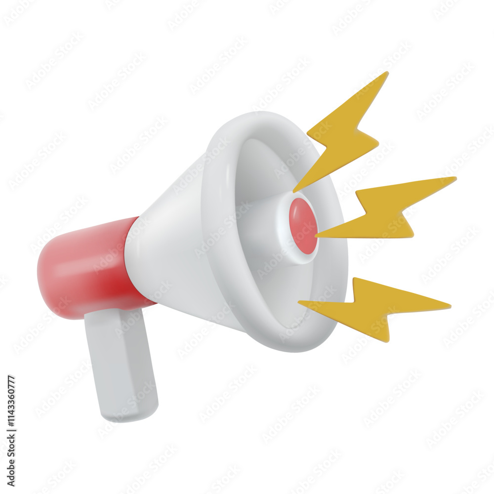 Fototapeta premium Vector illustration, 3D render of white-red megaphone icon. Yellow lightning or lightning bolt symbol of sound or announcement, communication, notification, isolated on white background.