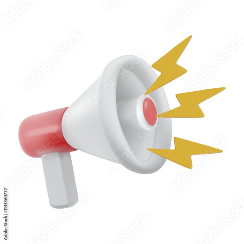 Vector illustration, 3D render of white-red megaphone icon. Yellow lightning or lightning bolt symbol of sound or announcement, communication, notification, isolated on white background.