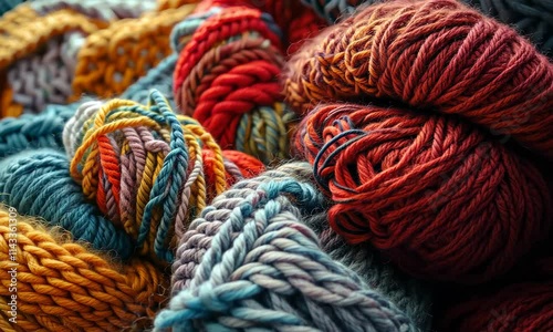 Close-up of colorful skeins yarn with various textures