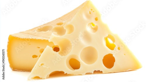 close-up of a piece of cheese with holes. Emmental cheese triangle, Swiss cheese, isolated on white background. High resolution image