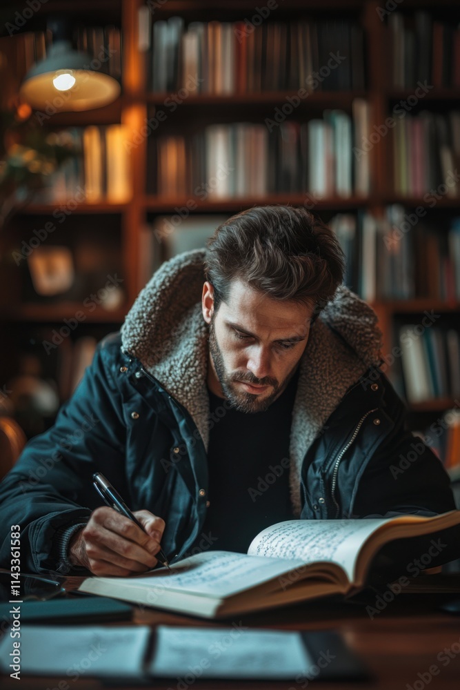 Man studying meticulously at a cozy library with bookshelves filled with literature during evening hours. Generative AI Man studying meticulously at a cozy library with bookshelves filled with literature during evening hours. Generative AI
