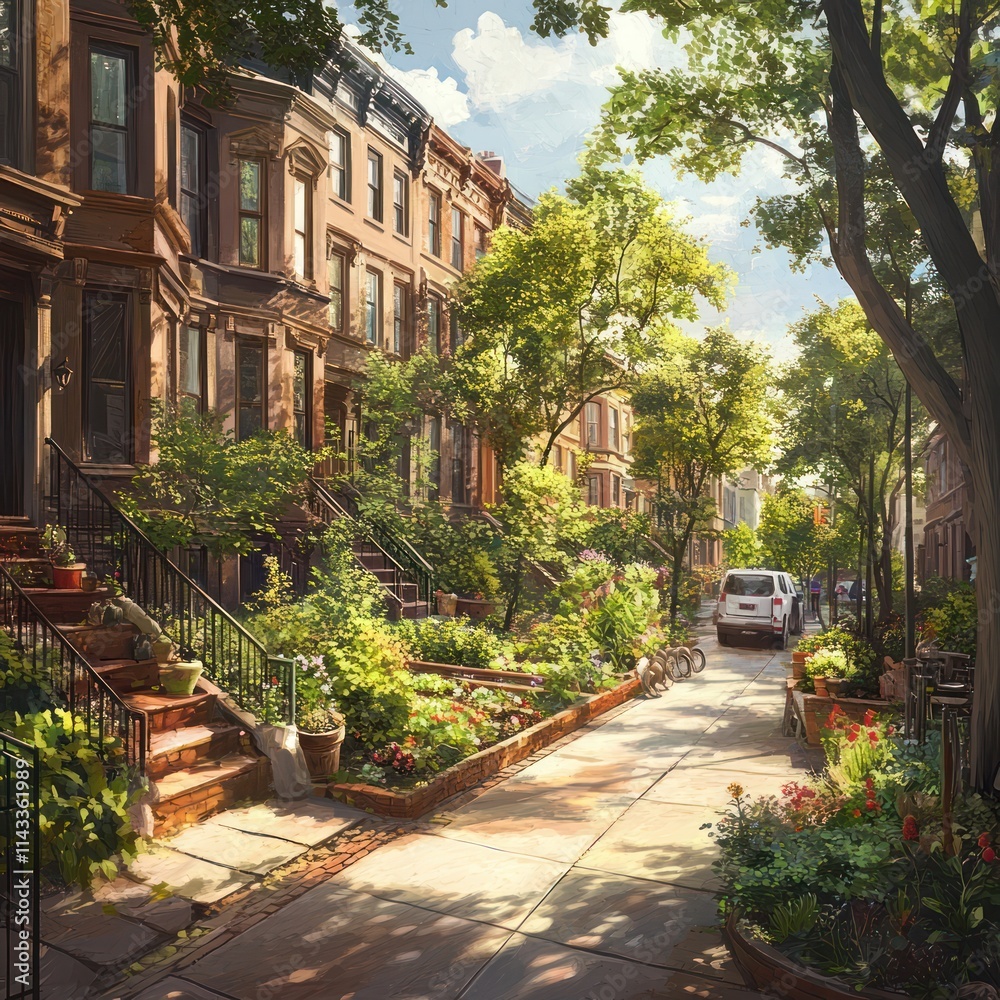 Fototapeta premium Urban residential area with brownstone houses