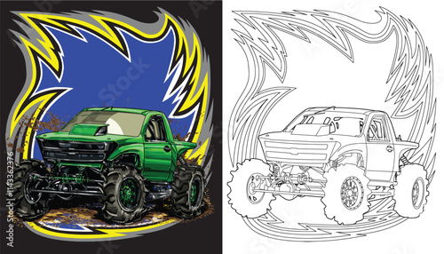 outline green truck splash, isolated on a black background, for t-shirt design, print, and for business, purposes.